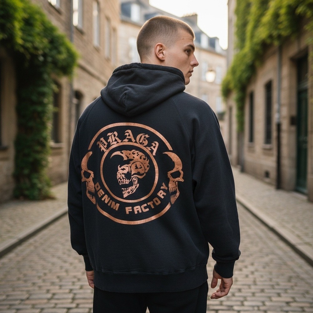 Vintage Praga Denim Factory Skull‎ Graphic Full Zip Hoodie Sweatshirt 2XL Black